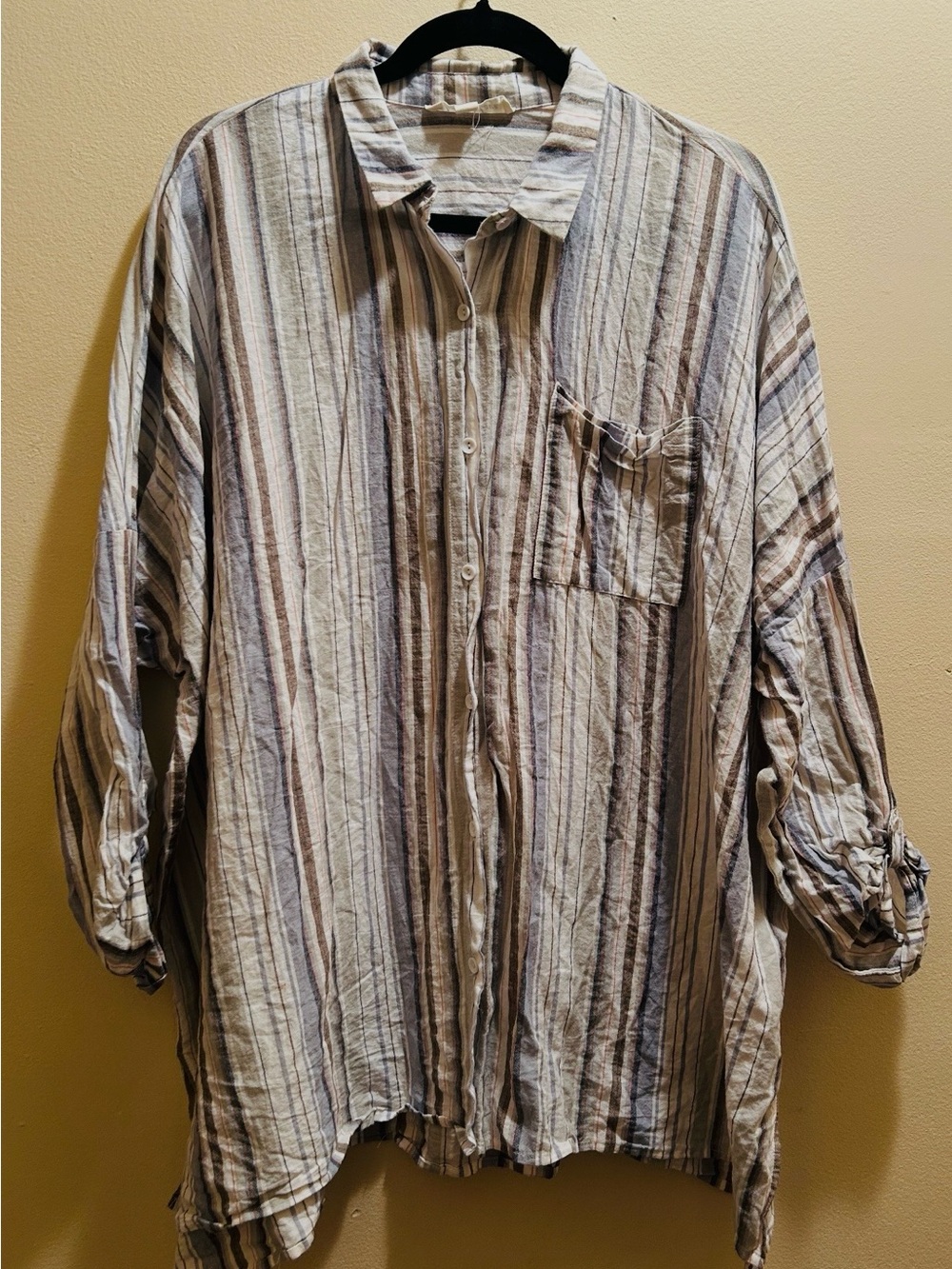 Vine & Love Striped Button-Down Shirt in Cream, Brown & Blue